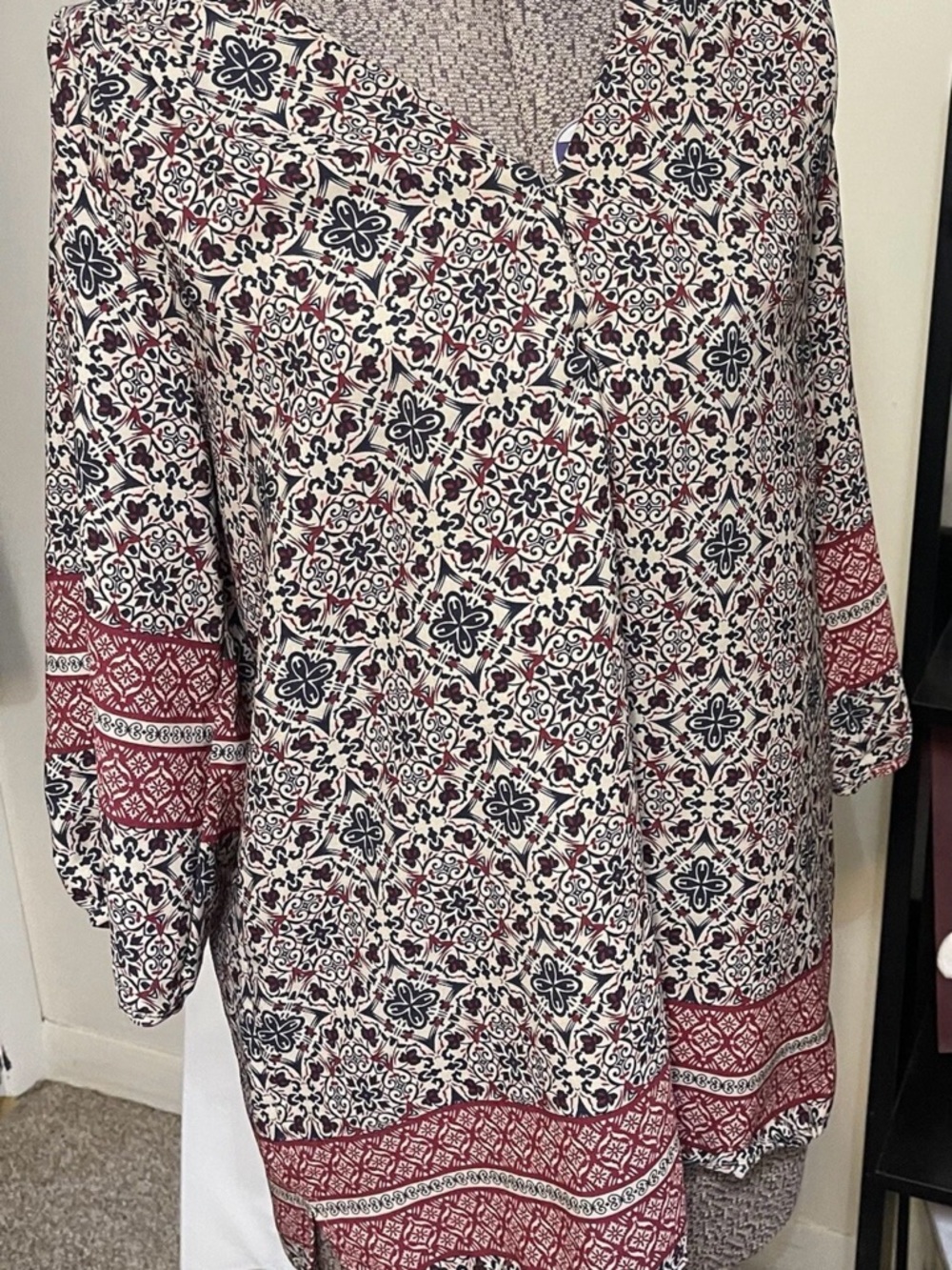Honey Punch Cream Tunic with Navy & Burgundy Tile Print